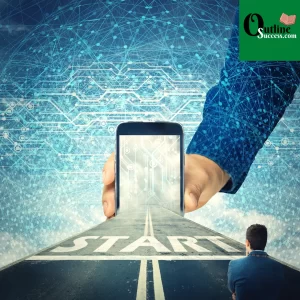 digital background with a road in the foreground that leads into a phone, with the phone being held by a giant hand.