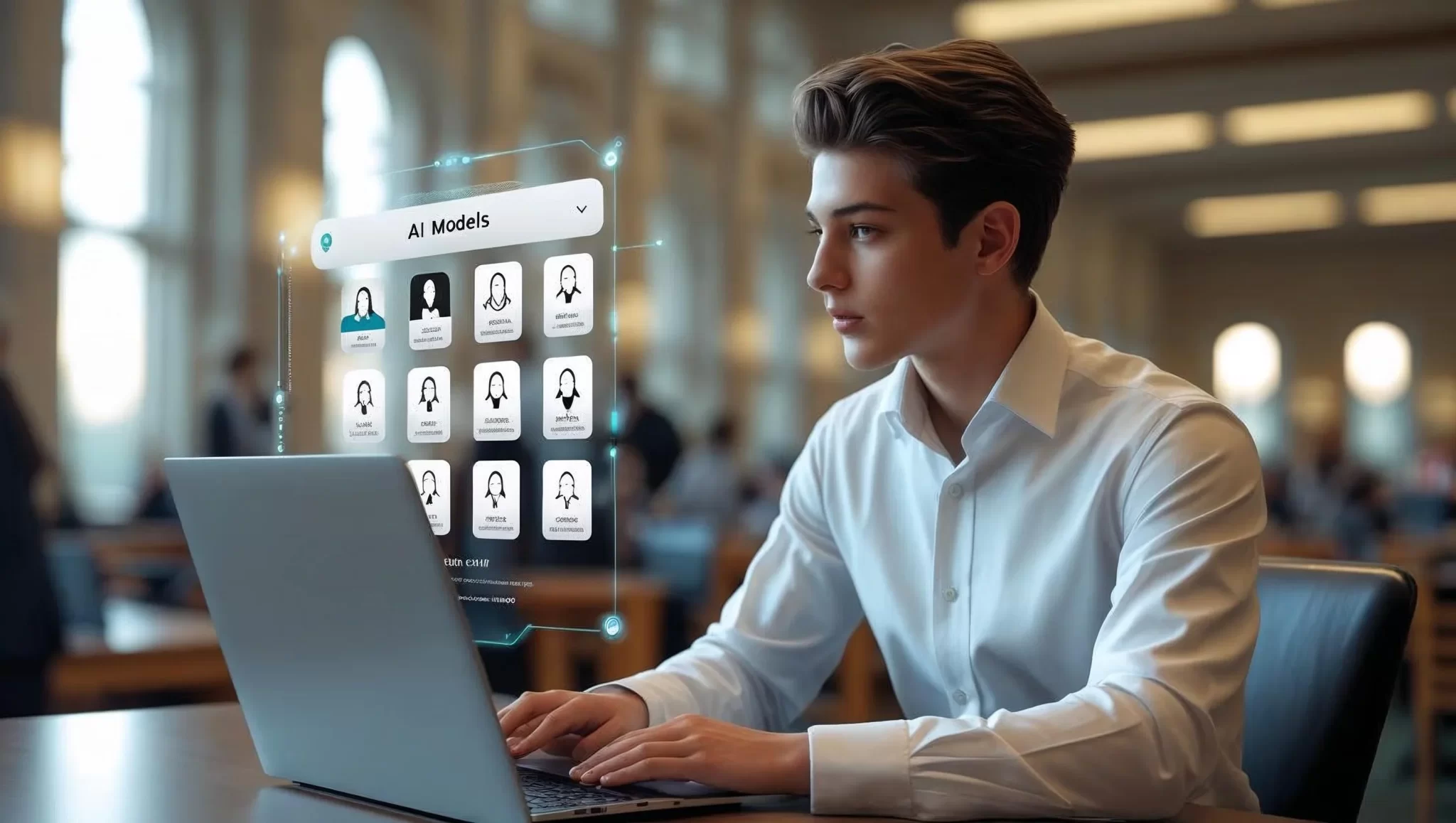 A law student sitting at a desk choosing from different AI to use.