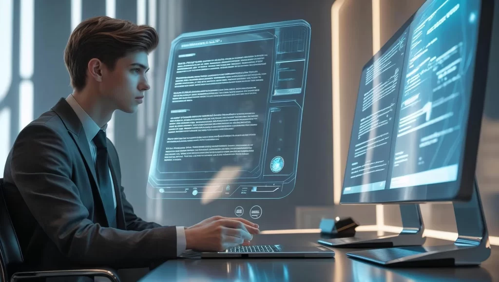 A law student using computers and holograms to study.