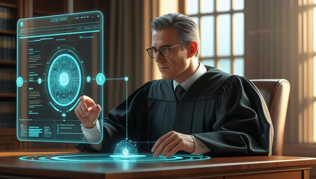 AI use in law school is a hot-button topic at the moment. This is an image of a judge using a futuristic AI interface to add to the ambiance of the text below.